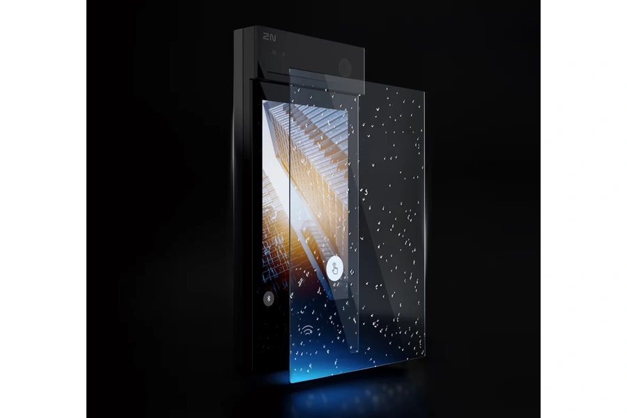 A sleek, black 2N IP Style intercom system with a transparent antibacterial glass screen protector hovering in front of the touchscreen display.