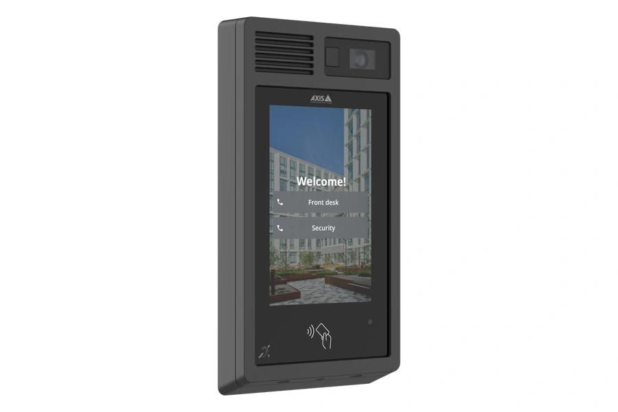 A dark grey AXIS I8307-VE network video intercom featuring a large touchscreen display, built-in camera, and RFID reader icon, shown from a three-quarter right angle against a black background.