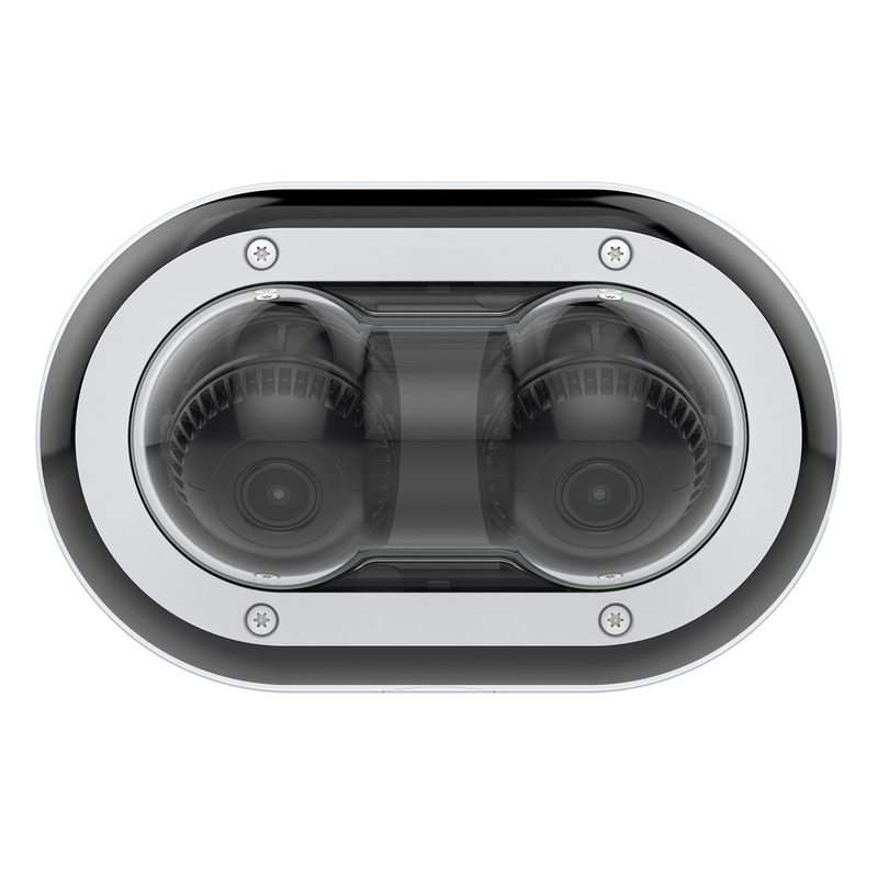 Front view of the Axis P4705-PLVE dual-lens multi-directional network camera on a white background, showing two adjustable camera lenses housed within a polished oval metal enclosure