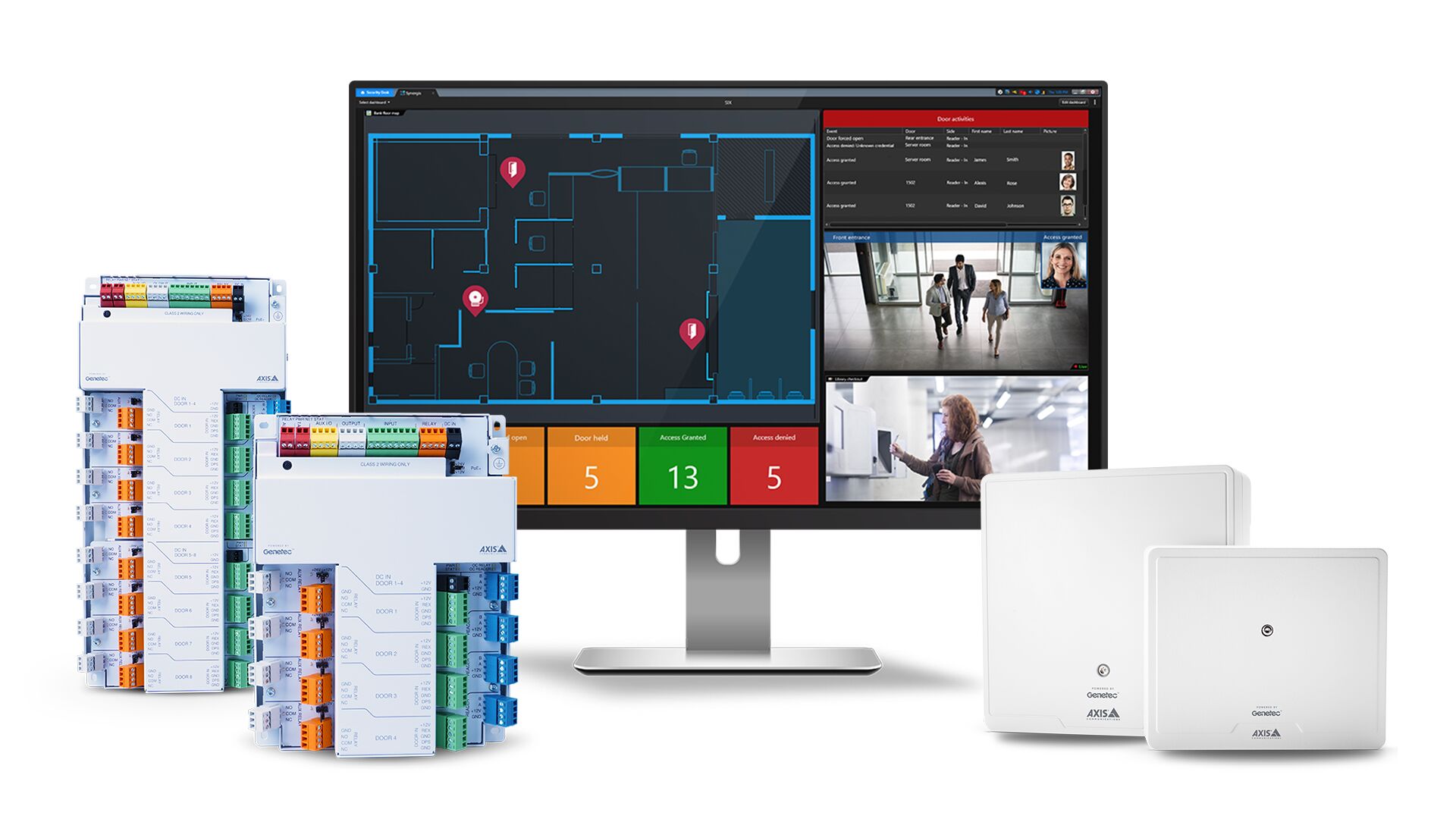AXIS network door controllers powered by Genetec, shown with a Security Center dashboard displaying live camera feeds, door activity, and access control metrics.