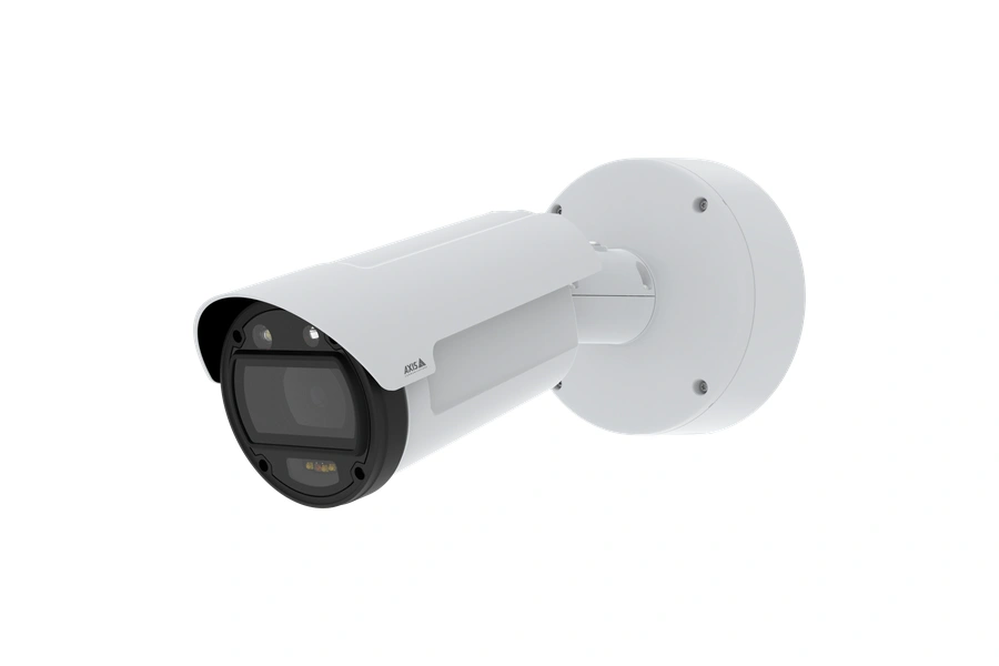 A white AXIS Q1808-LE bullet-style network camera mounted on a wall bracket, angled toward the left against a solid black background.
