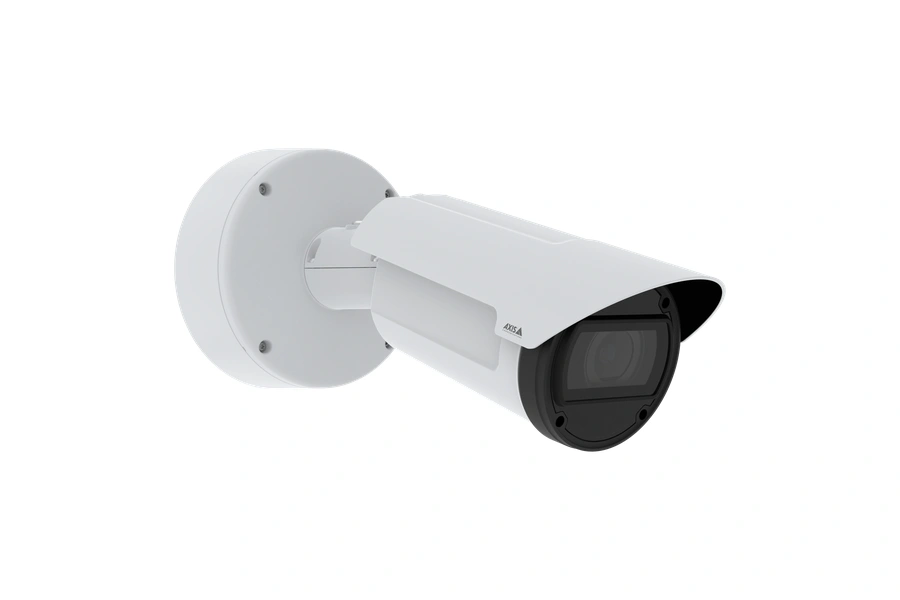 A white AXIS Q1809-LE bullet-style network camera mounted on a circular wall base, angled toward the right against a solid black background.
