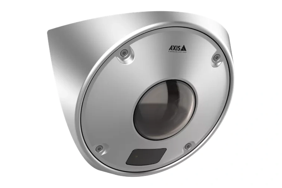 Right angled view of an AXIS Q9227-SLV ligature-resistant stainless steel corner-mount network camera in silver.