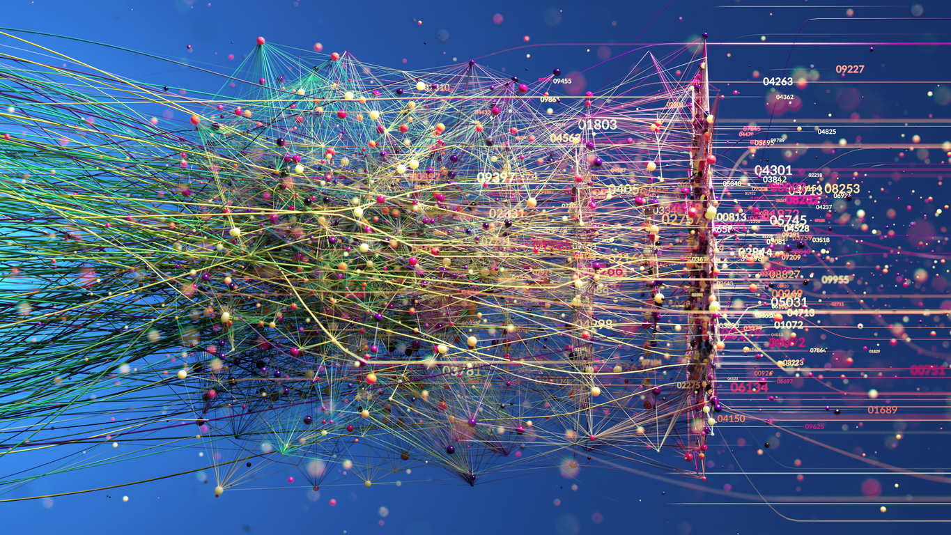 Abstract visualisation of chaotic data streams converging into ordered encrypted numerical code