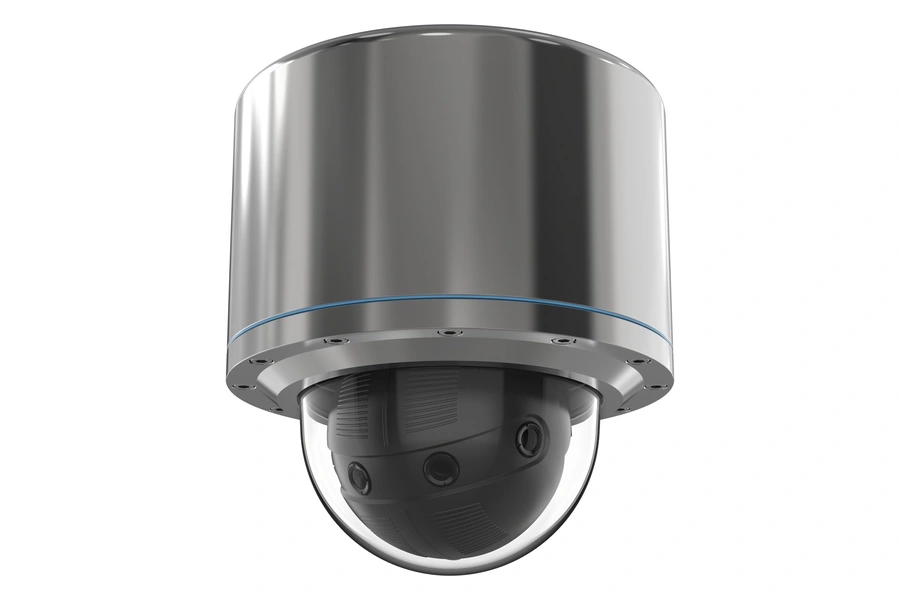 AXIS explosion-protected panoramic camera in stainless steel housing, designed for hazardous industrial environments.