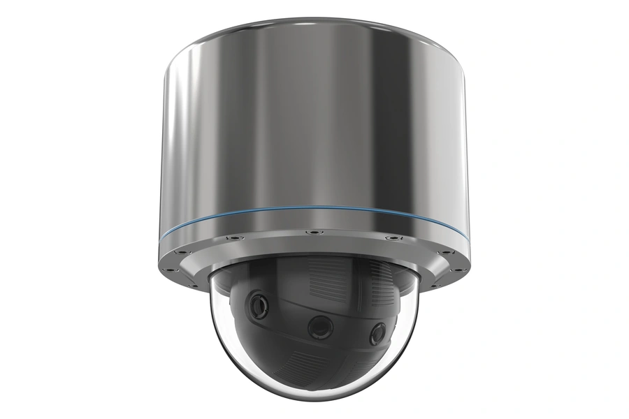 AXIS ExCam XF P3807 Explosion-Protected Panoramic camera with cylindrical housing, smoked bubble dome, and multi-lens sensor module.