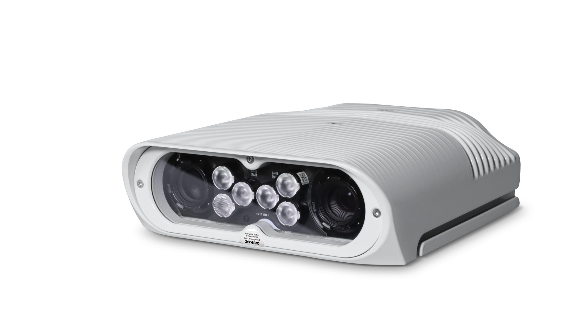Genetec AutoVu SharpV automatic licence plate recognition camera with dual lenses and infrared illuminators in a white weatherproof housing