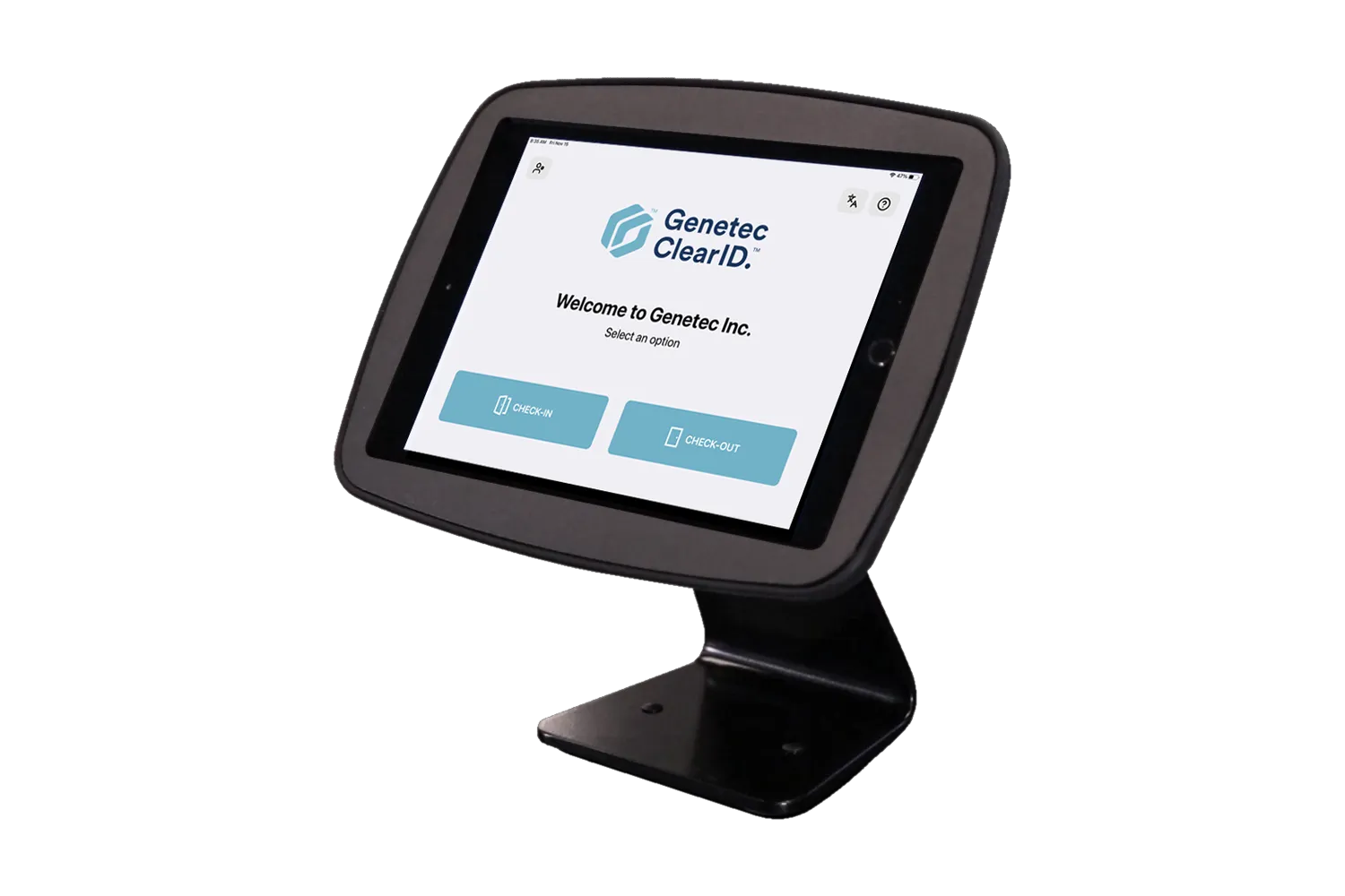 Genetec ClearID self-service visitor kiosk showing a tablet on a desk stand with a welcome screen prompting visitors to check in or check out at a Genetec Inc. reception.