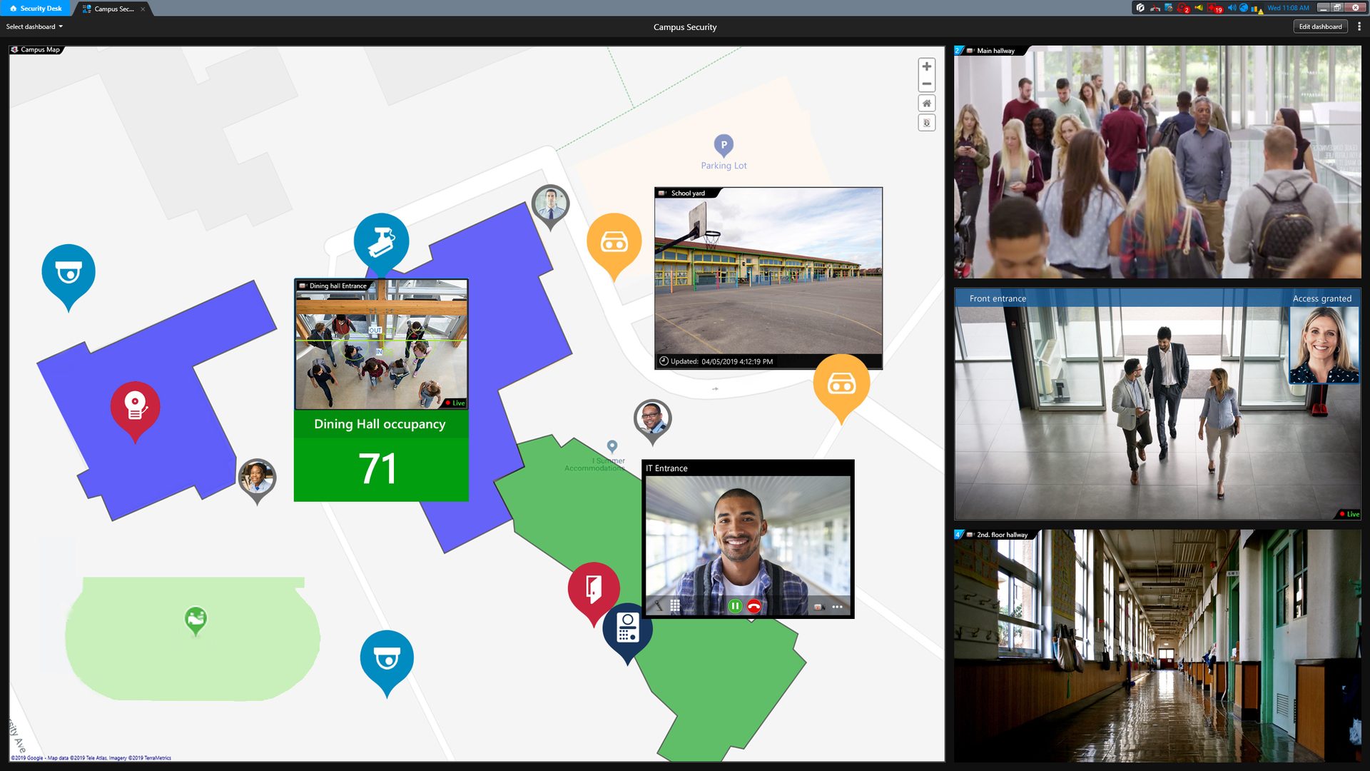 Omnicast video management interface in Genetec Security Center showing a campus map with live camera tiles, an occupancy dashboard tile and an intercom video call