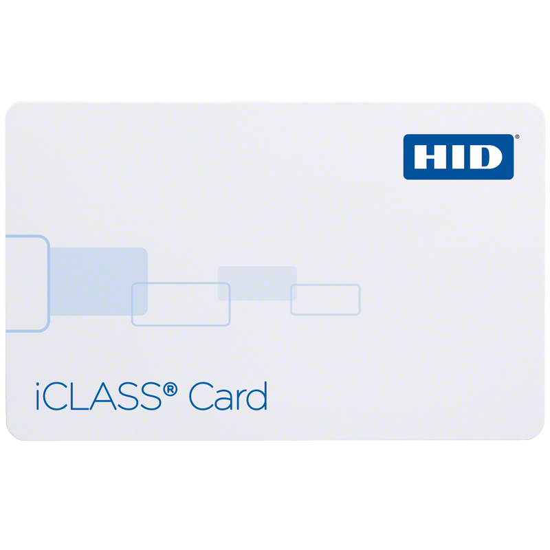 Front view of an HID iCLASS smart card on a white background, showing the HID logo in the upper right corner, the iCLASS Card product name in the lower left, and a light blue geometric graphic pattern across the centre.
