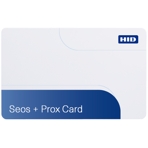 Front view of an HID Seos + Prox combination access card on a white background, showing the HID logo in the upper right corner and a blue gradient banner at the bottom with the product name.
