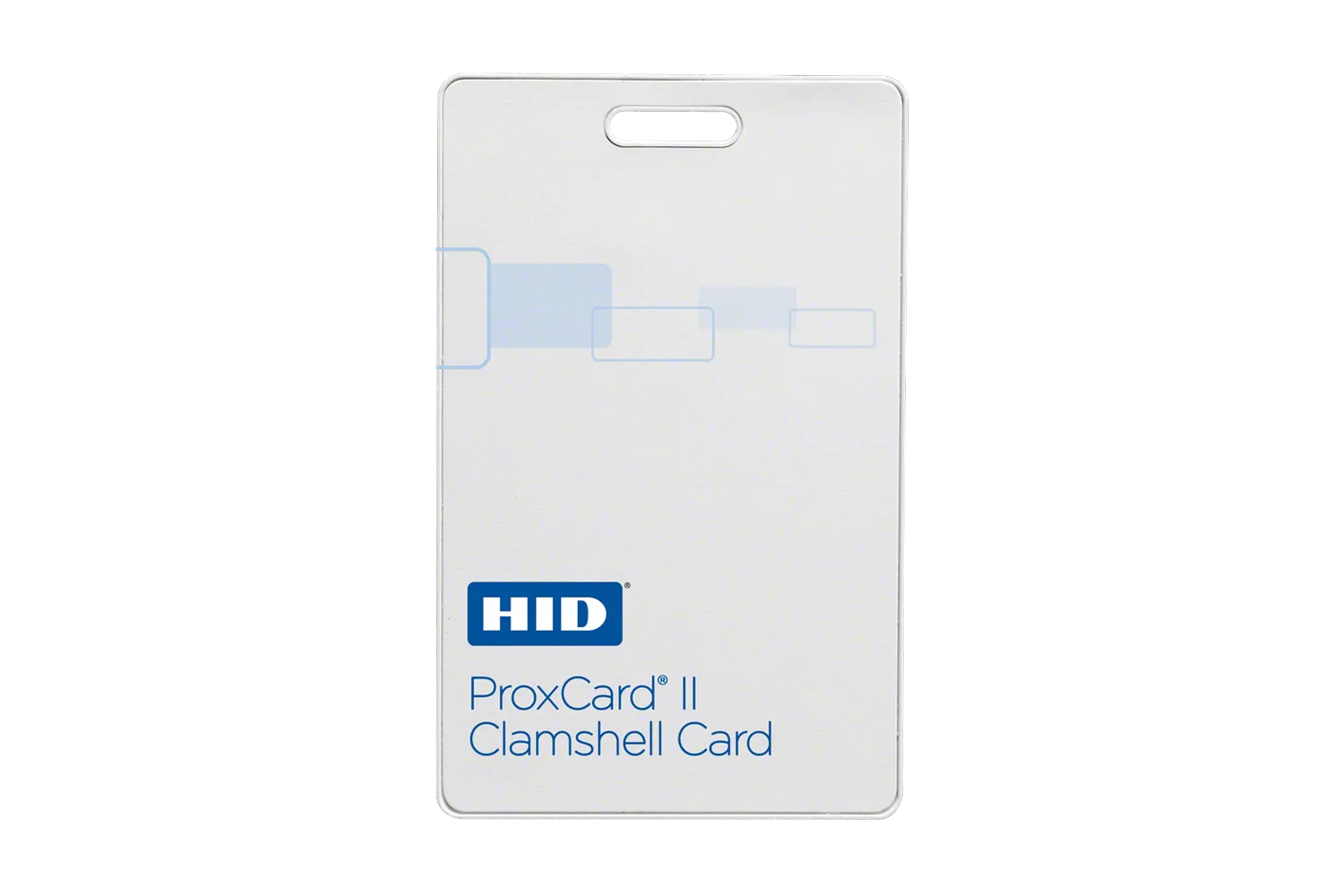 Front view of an HID ProxCard II Clamshell proximity access card on a white background, showing the HID logo, product name, slot punch at the top, and light blue geometric graphic detail.