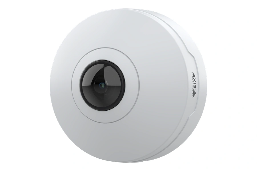 AXIS M4327-P dome network camera in white, shown from a left-angle perspective, featuring a wide-angle lens at the centre of a circular housing.