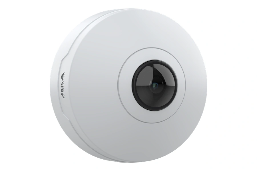 AXIS M4327-P Mini Dome Camera shown from a right-angle perspective against a black background.