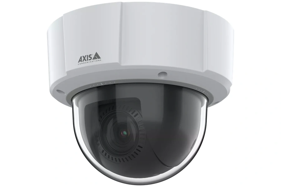 AXIS M5526-E dome PTZ network camera, white housing with dark tinted dome cover, ceiling-mount design.