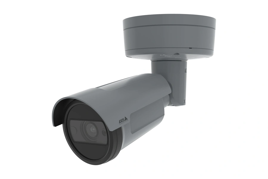 A side-angle view of a grey AXIS P1468-XLE explosion-protected bullet camera with a robust mounting base, designed for hazardous environments.