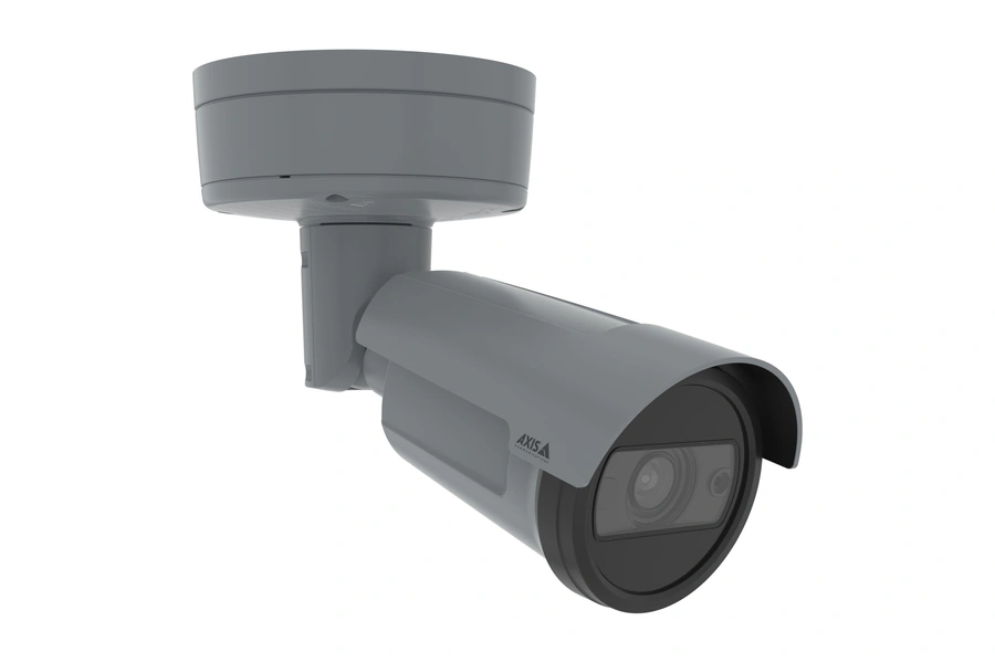 A three-quarter side right angle view of a grey AXIS P1468-XLE explosion-protected bullet camera against a solid black background. The camera is mounted to a circular base and features a ruggedized housing with the AXIS logo on the sunshield.