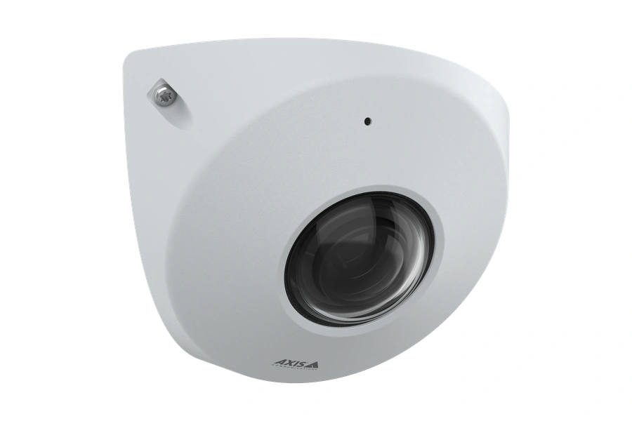 AXIS P9117 corner mount network camera in white, angled left view showing dome lens on black background.