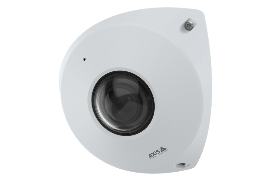 AXIS P9117 corner mount network camera in white, viewed from a right angle, featuring a wide-angle dome lens and compact housing.