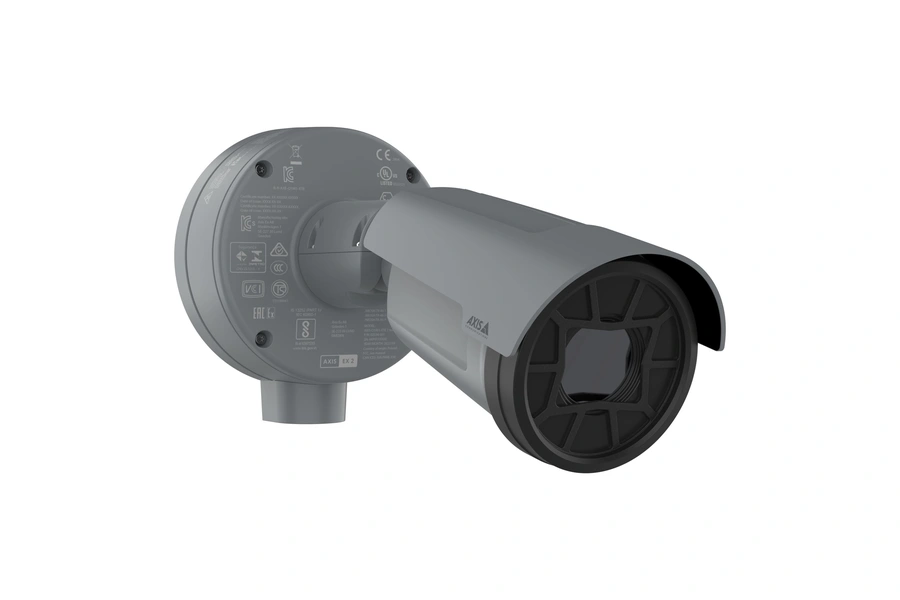 A grey AXIS Q1961-XTE explosion-protected thermal camera shown against a black background, featuring a protective front lens grid and a circular mounting base covered in international safety certification marks.