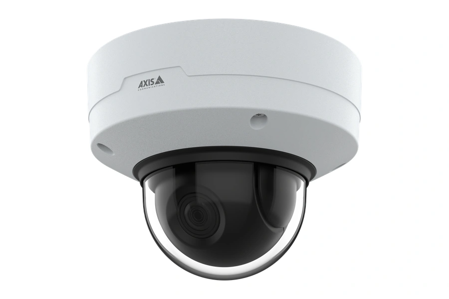 AXIS Q3628-VE dome camera, angled left view, showing the dark tinted dome lens and white housing against a black background.