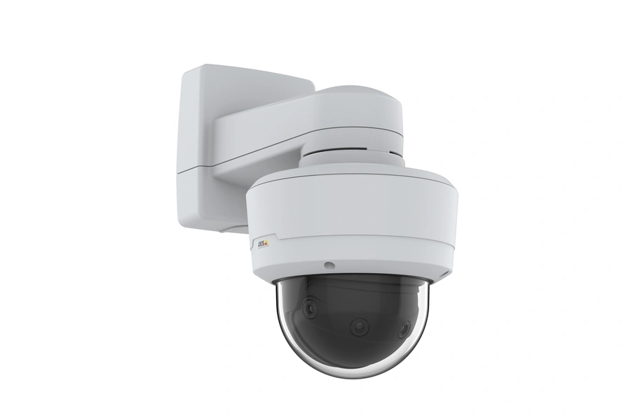 AXIS Q3819-PVE panoramic dome camera mounted on a wall bracket, shown from a right-angle perspective against a white background.