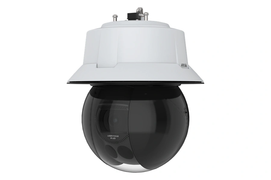AXIS Q6355-LE PTZ Network Camera shown in a front-angle view, featuring a dark tinted spherical dome housing with laser focus and IR LED, mounted on a white ceiling-mount bracket against a black background.