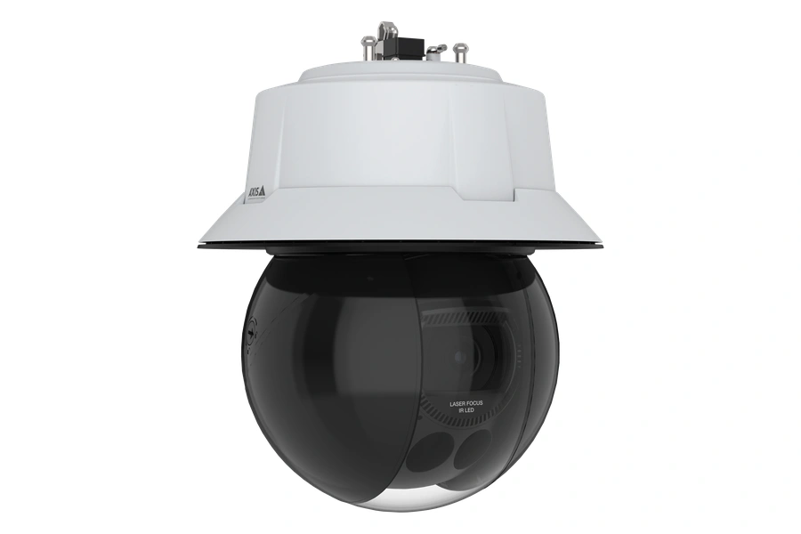 AXIS Q6355-LE PTZ Network Camera shown in a front-angle view, featuring a dark tinted spherical dome housing with laser focus and IR LED, mounted on a white ceiling-mount bracket against a black background.