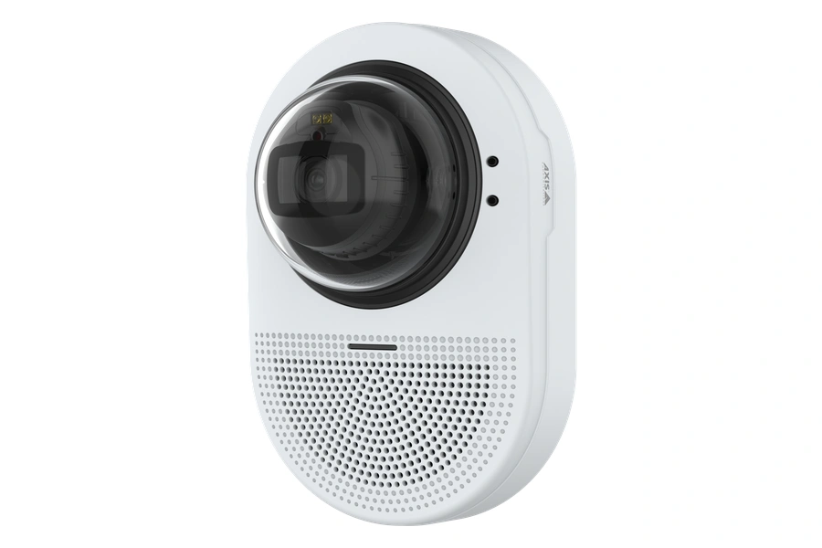 AXIS Q9307-LV dome camera in white, shown from a left angle perspective against a black background.