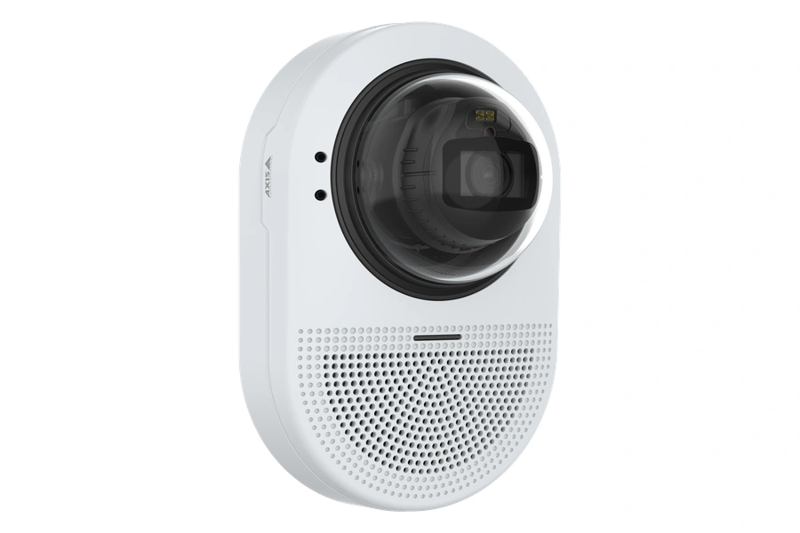 AXIS Q9307-LV network camera in white, shown from a right-side angle, featuring a large dome lens housing and perforated speaker grille on the lower body.