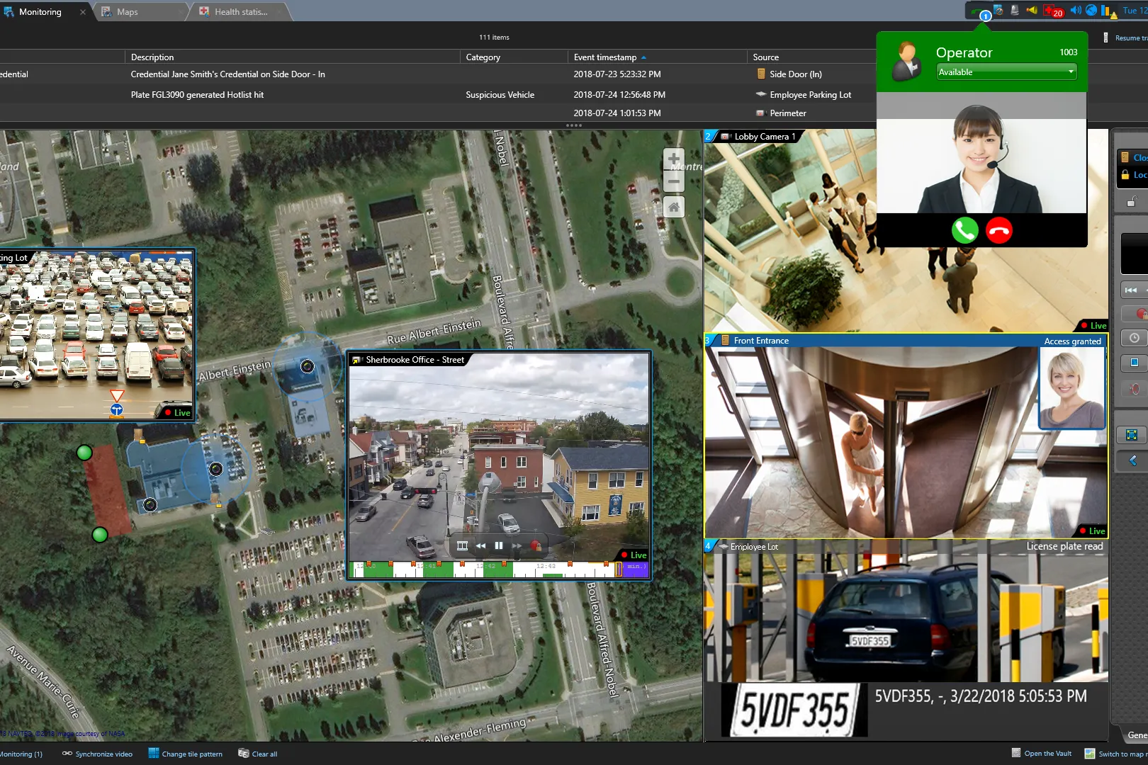 Screenshot of the Genetec Security Desk unified security platform displaying live surveillance feeds, a GIS site map, real-time event log, Sipelia operator video call, access granted notification at the front entrance, and an ALPR licence plate read in the employee lot.