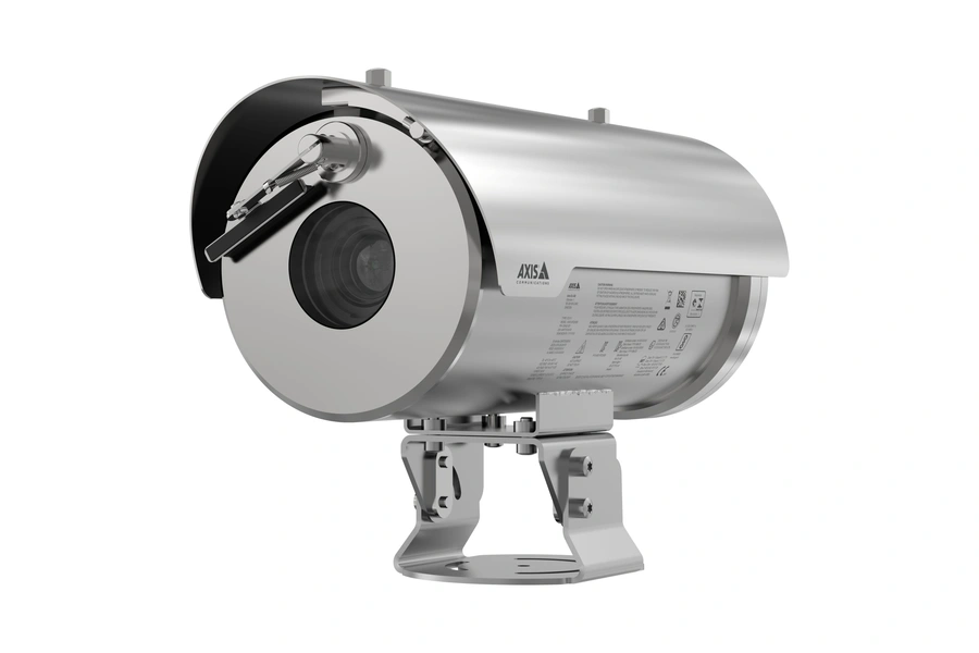 Stainless steel AXIS XFQ1656 explosion-protected security camera featuring a weather shield and integrated lens wiper, mounted on a metal bracket.