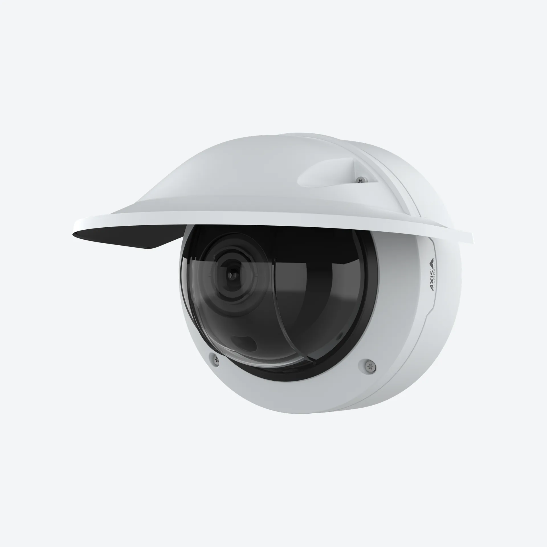 AXIS Q3548-LVE outdoor dome camera in a white housing with a weather shield, angled to the front left