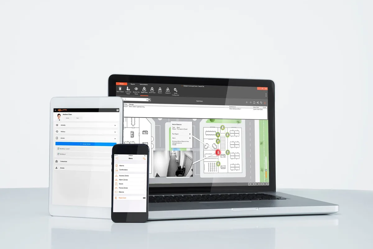 Laptop, tablet and smartphone displaying Gallagher Command Centre site plan, cardholder record and mobile alarm menu